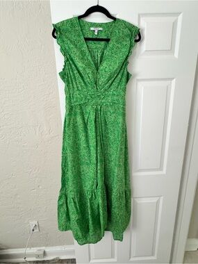 Derek Lam Green Printed Midi Dress with Ruffle Shoulders